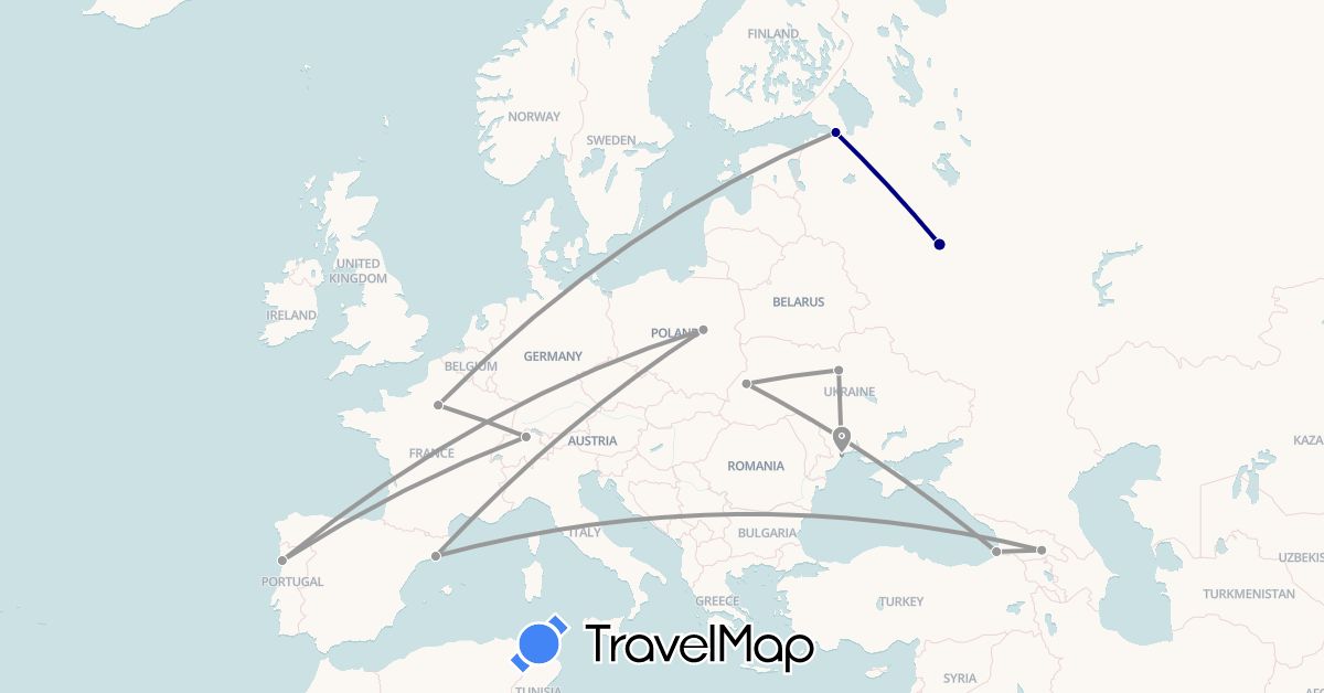 TravelMap itinerary: driving, plane in Switzerland, Spain, France, Georgia, Poland, Portugal, Russia, Ukraine (Asia, Europe)